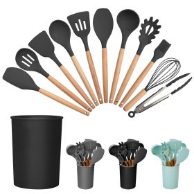 11Pcs Silicone Cooking Utensil Set Heat Resist Wooden Handle Silicone Spatula Turner Ladle Spaghetti Server Tongs Spoon Egg Whish Kitchenware Set (Color: Black)